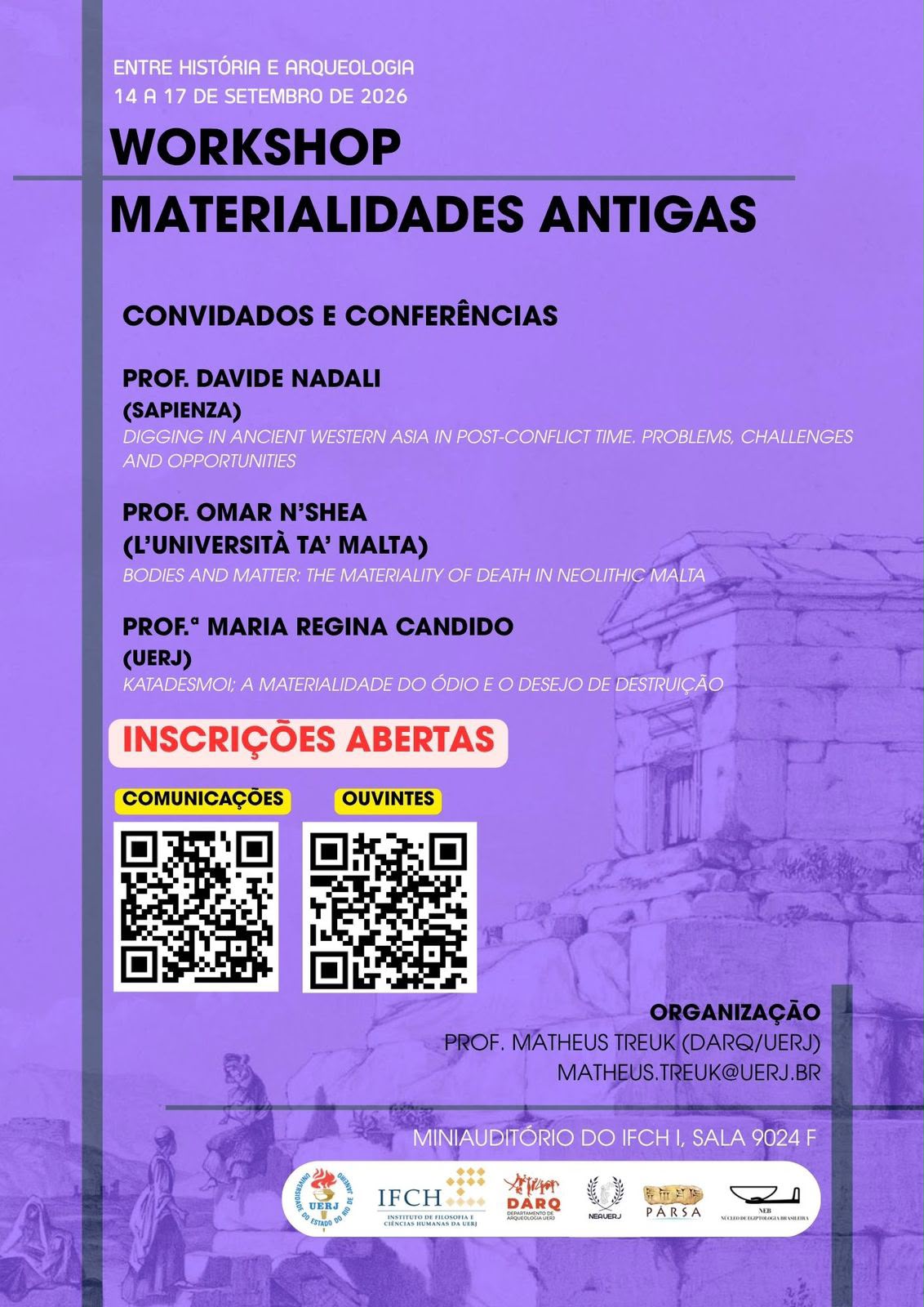 Cartaz do Workshop Materialidades Antigas, realizado de 14 a 17 de setembro de 2026 na UERJ